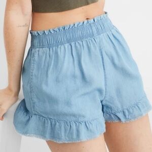Aerie Chambray Light Blue Ruffle Hem Shorts